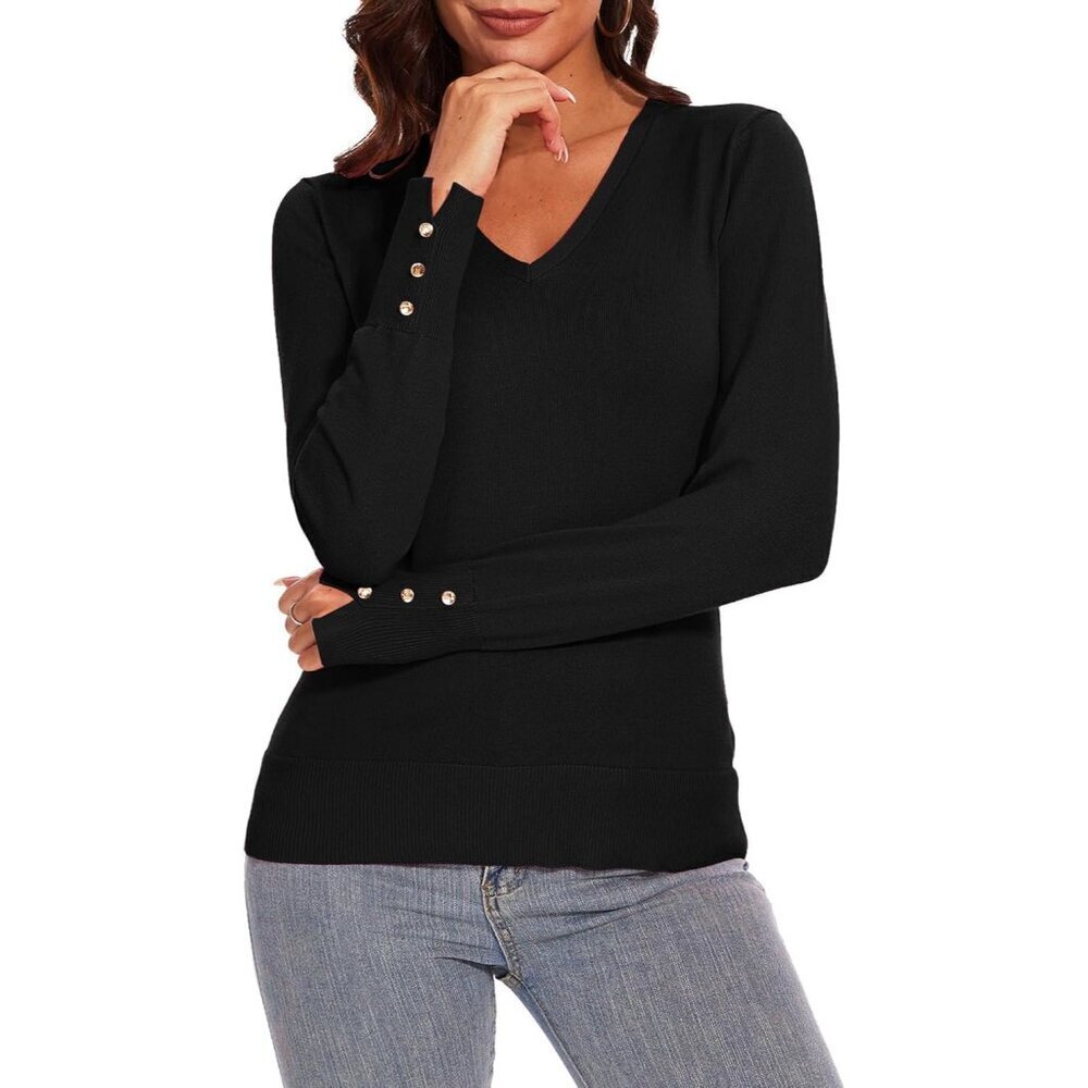 Women's V Neck Sweater Lightweight Knit Long Sleeve Casual Top Medium